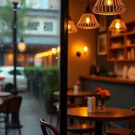 Interior aconchegante de café com gotas de chuva na janela