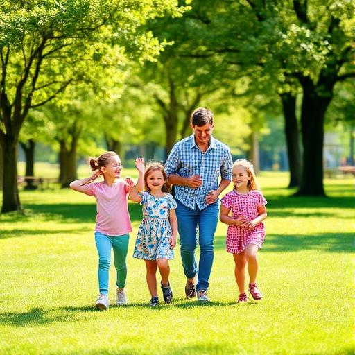 Família caminhando junta em um parque arborizado