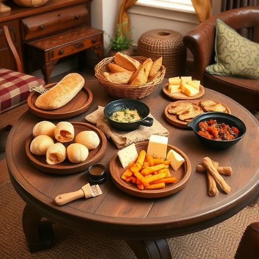 Mesa rústica com pães, queijos e pratos regionais
