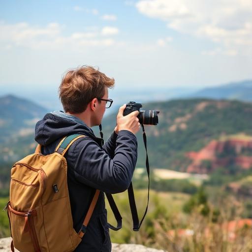 Viajante fotografando um mirante com vista panorâmica