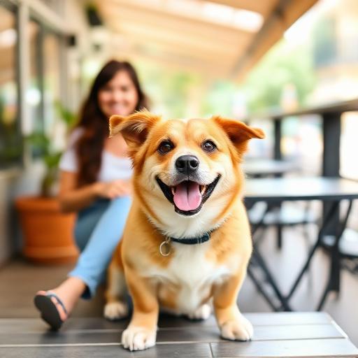 Cachorro em varanda de café ao lado da tutora