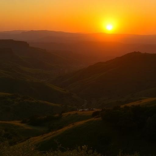 Pôr do sol dourado sobre vale de montanhas verdes